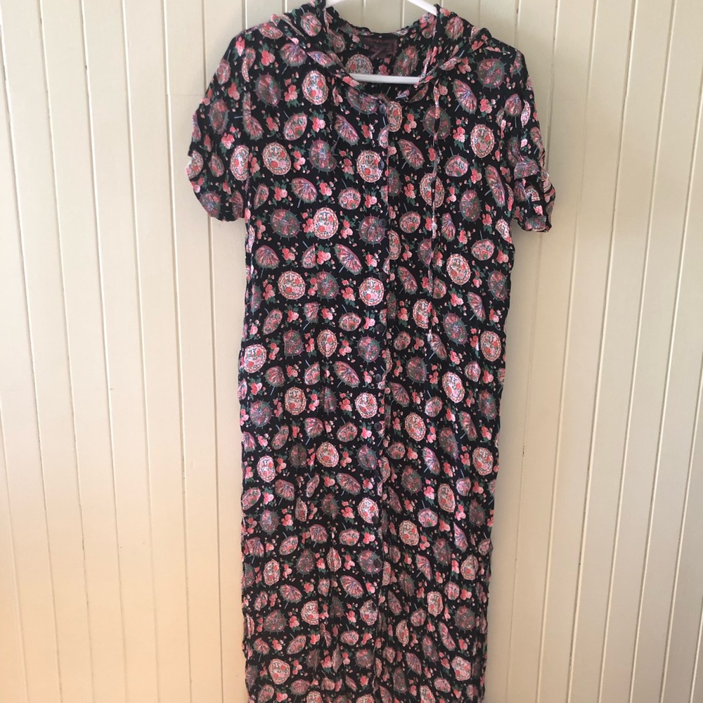 April Cornell - L Floral Black and Pink Women's Dress - with hoodie and pockets